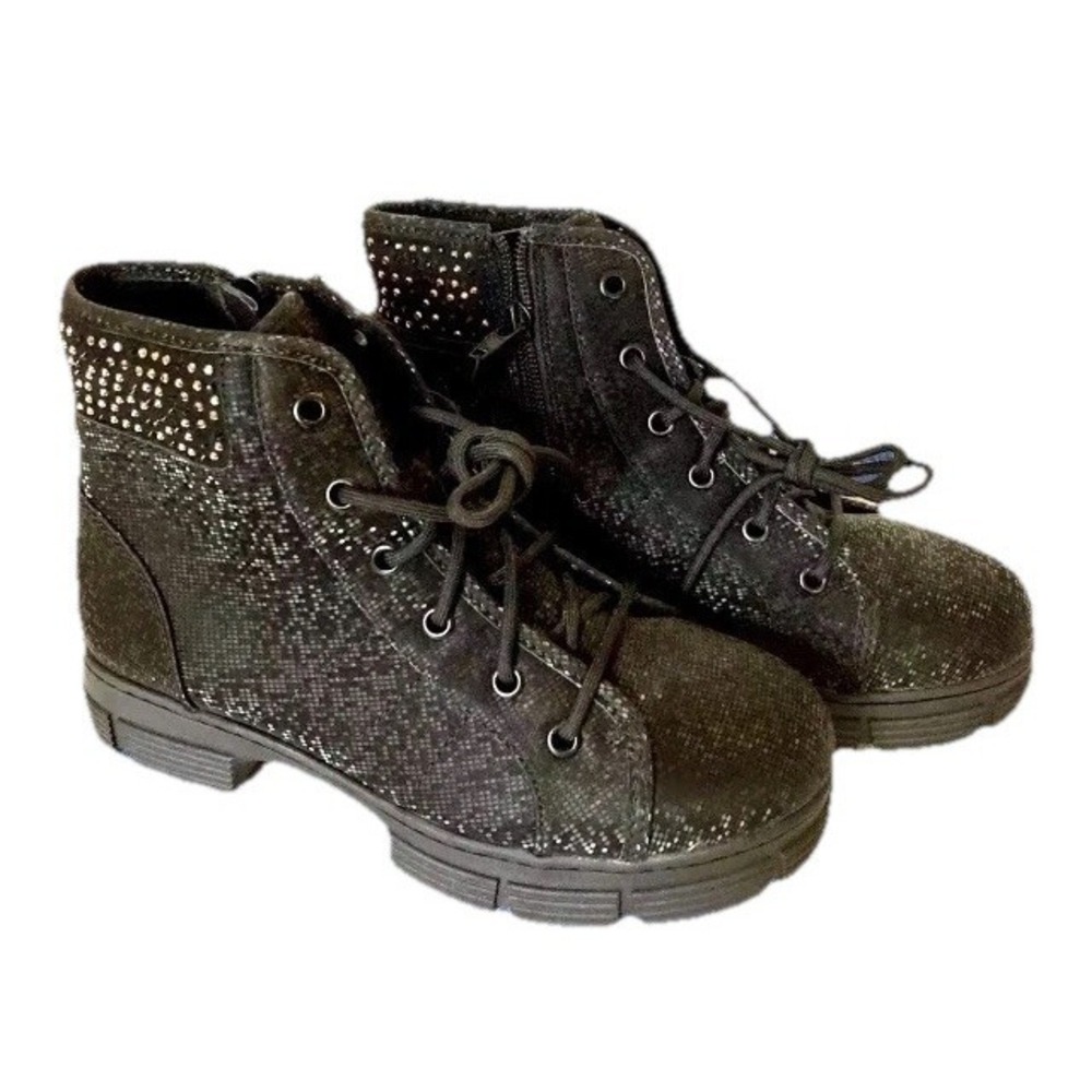 NWT Madden NYC Boots Girls4 Women 6 Black Combat Glitter Tie Up Zip festival